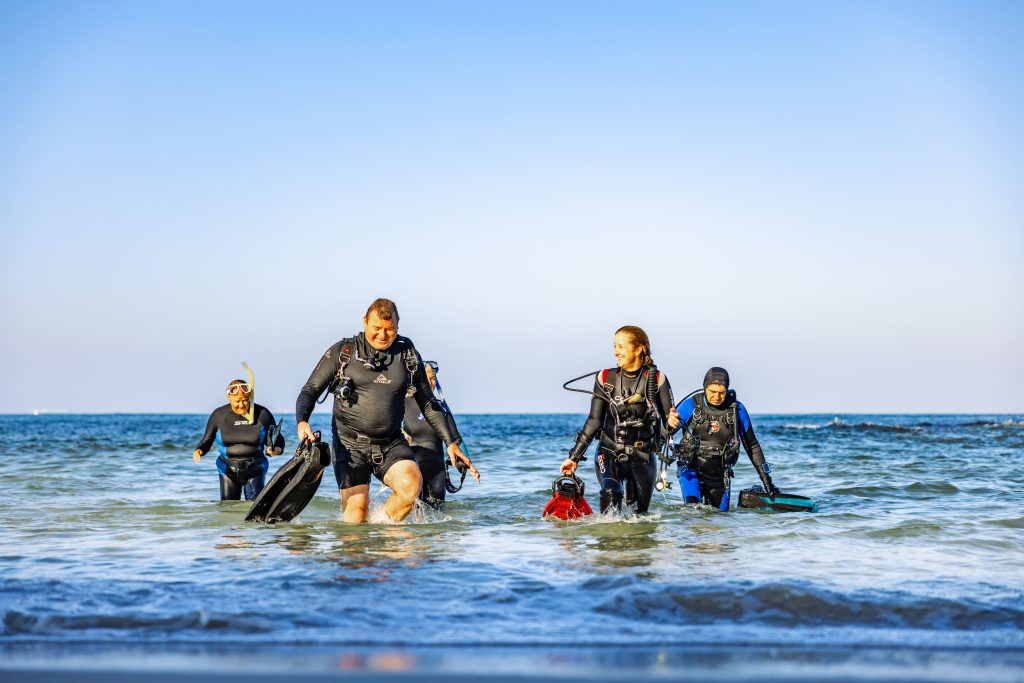 A group of five scuba divers in wetsuits and gear emerge from the ocean, walking towards the shore.