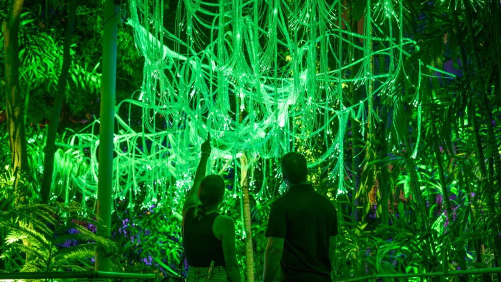Couple admiring glowing green light strands hanging among lush tropical plants at night.