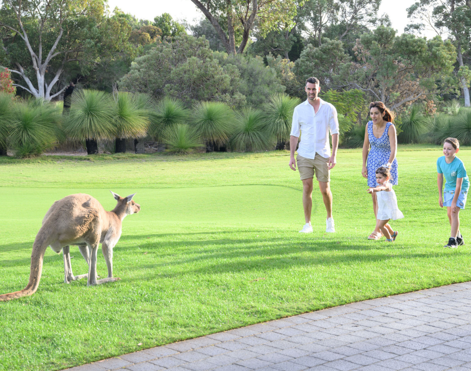 family with kangaroo at Joondalup Resort